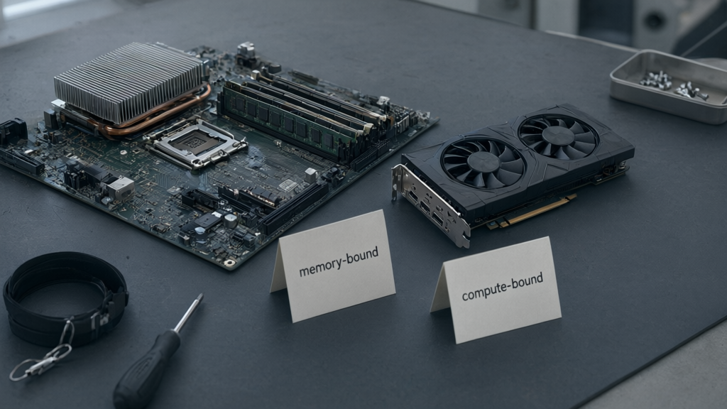 Image symbolique : memory-bound ou compute-bound – ce classement décide si le gain se concrétise.