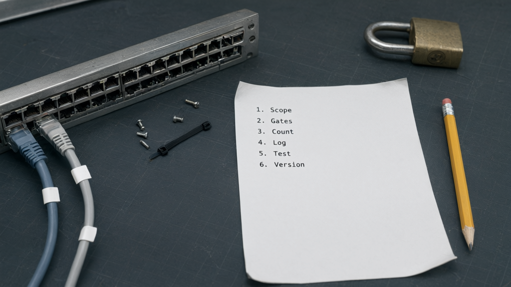 The six playbook steps as a short list: scope, gates, count, log, test, version.